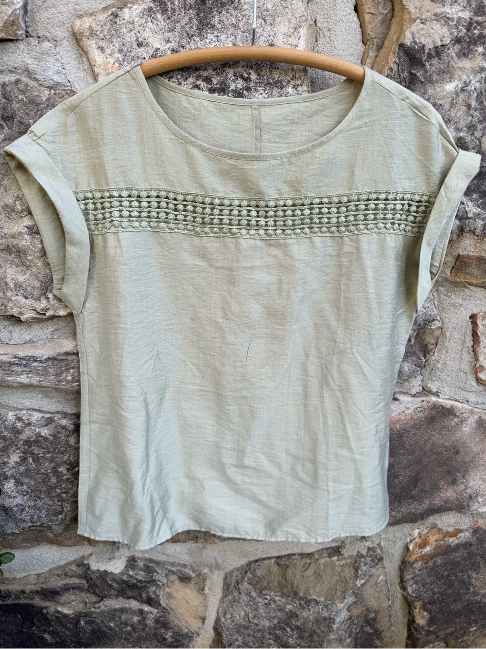 Sage Green Linen Look Crochet Trim Short Sleeve Blouse Medium Office Casual